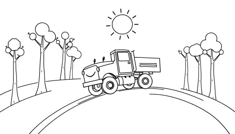 Schwarz-Weiß-Farbtafel eines lächelnden Lastwagens, der auf einer Straße fährt, umgeben von Bäumen und einer Sonne.