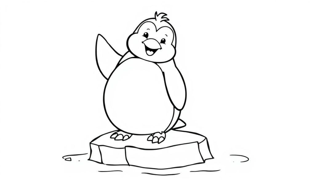 Schwarz-weiße Farbtafel eines fröhlichen Pinguins, der auf einem schmelzenden Eisberg winkt.