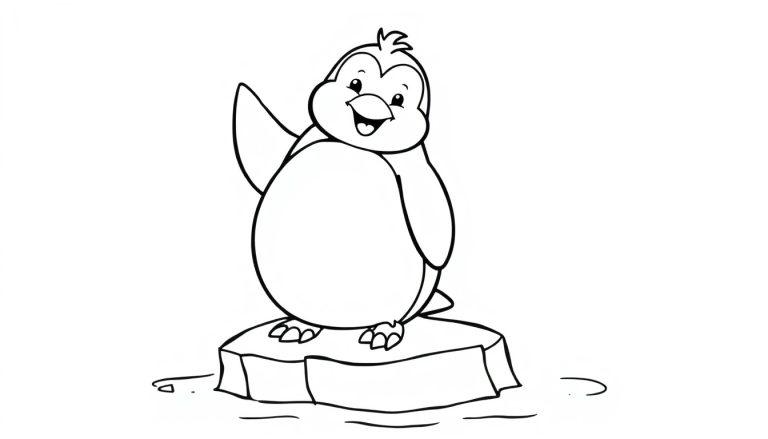 Schwarz-weiße Farbtafel eines fröhlichen Pinguins, der auf einem schmelzenden Eisberg winkt.