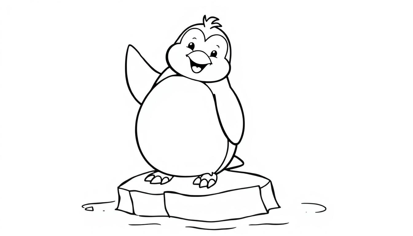 Schwarz-weiße Farbtafel eines fröhlichen Pinguins, der auf einem schmelzenden Eisberg winkt.