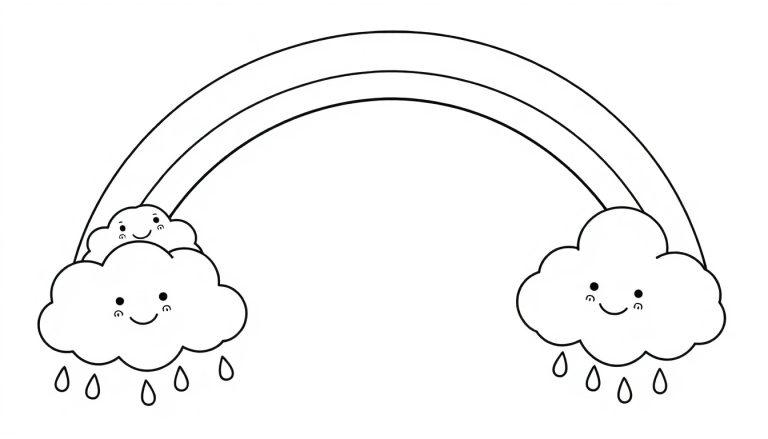 Schwarz-weiße Farbtafel eines fröhlichen Regenbogens mit freundlichen Wolken und Regentropfen, ideal zum Ausmalen.