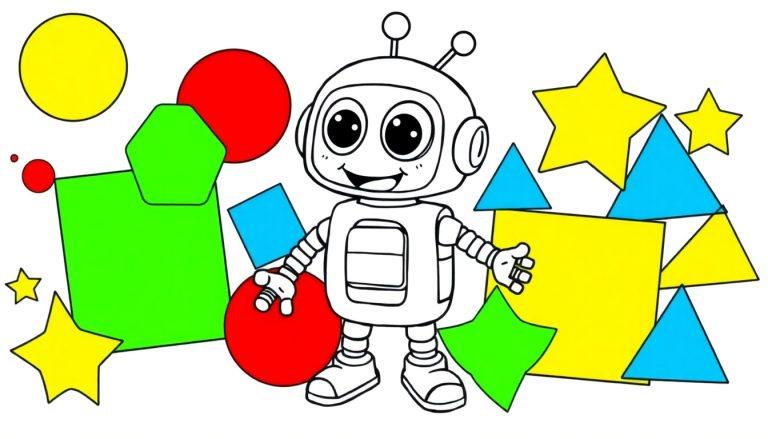 Ein schwarz-weißer Cartoon-Roboter mit ausgestreckten Armen, umgeben von bunten geometrischen Formen wie Kreisen, Quadraten und Sternen, als Teil einer Malvorlage.