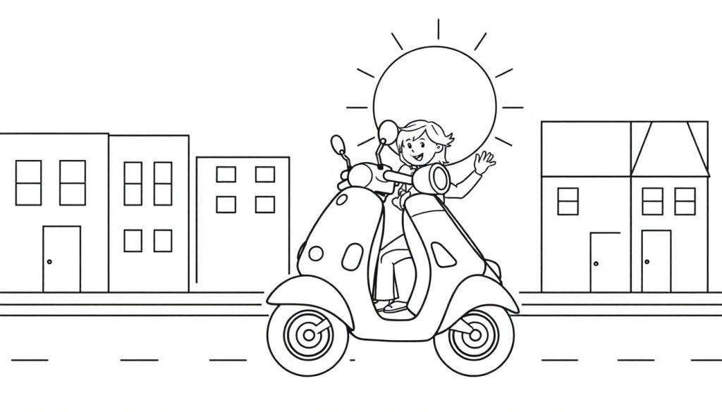 Eine schwarz-weiße Farbtafel-Zeichnung einer fröhlichen Person auf einem Roller winkt durch eine cartoonartige Stadt unter einer stilisierten Sonne.