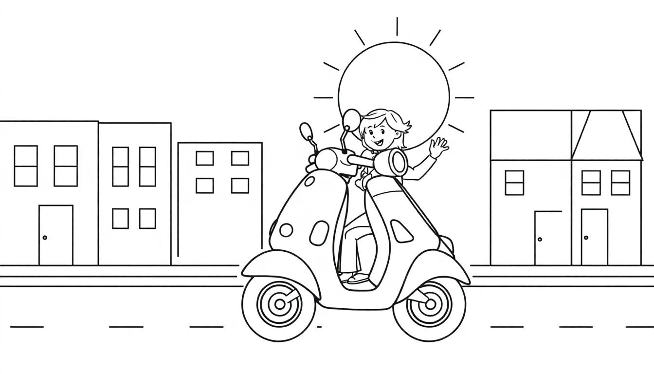 Eine schwarz-weiße Farbtafel-Zeichnung einer fröhlichen Person auf einem Roller winkt durch eine cartoonartige Stadt unter einer stilisierten Sonne.