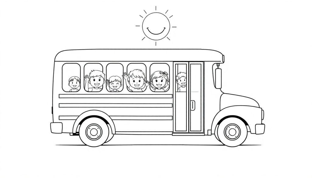 Ein fröhlicher Schulbus mit sechs winkenden Kindern an den Fenstern, bereit für ein Abenteuer. Eine lächelnde Sonne schwebt darüber. Farbtafel.