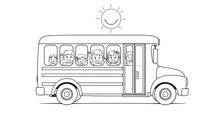 Ein fröhlicher Schulbus mit sechs winkenden Kindern an den Fenstern, bereit für ein Abenteuer. Eine lächelnde Sonne schwebt darüber. Farbtafel.