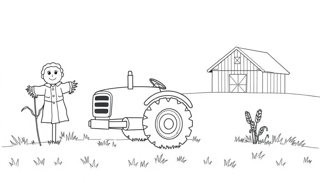 Eine Schwarz-Weiß-Farbtafel eines freundlichen Traktors mit ausgestreckten Armen neben einer Vogelscheuche in einem Feld.