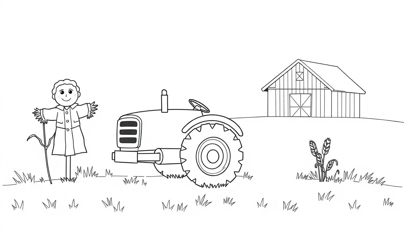 Eine Schwarz-Weiß-Farbtafel eines freundlichen Traktors mit ausgestreckten Armen neben einer Vogelscheuche in einem Feld.