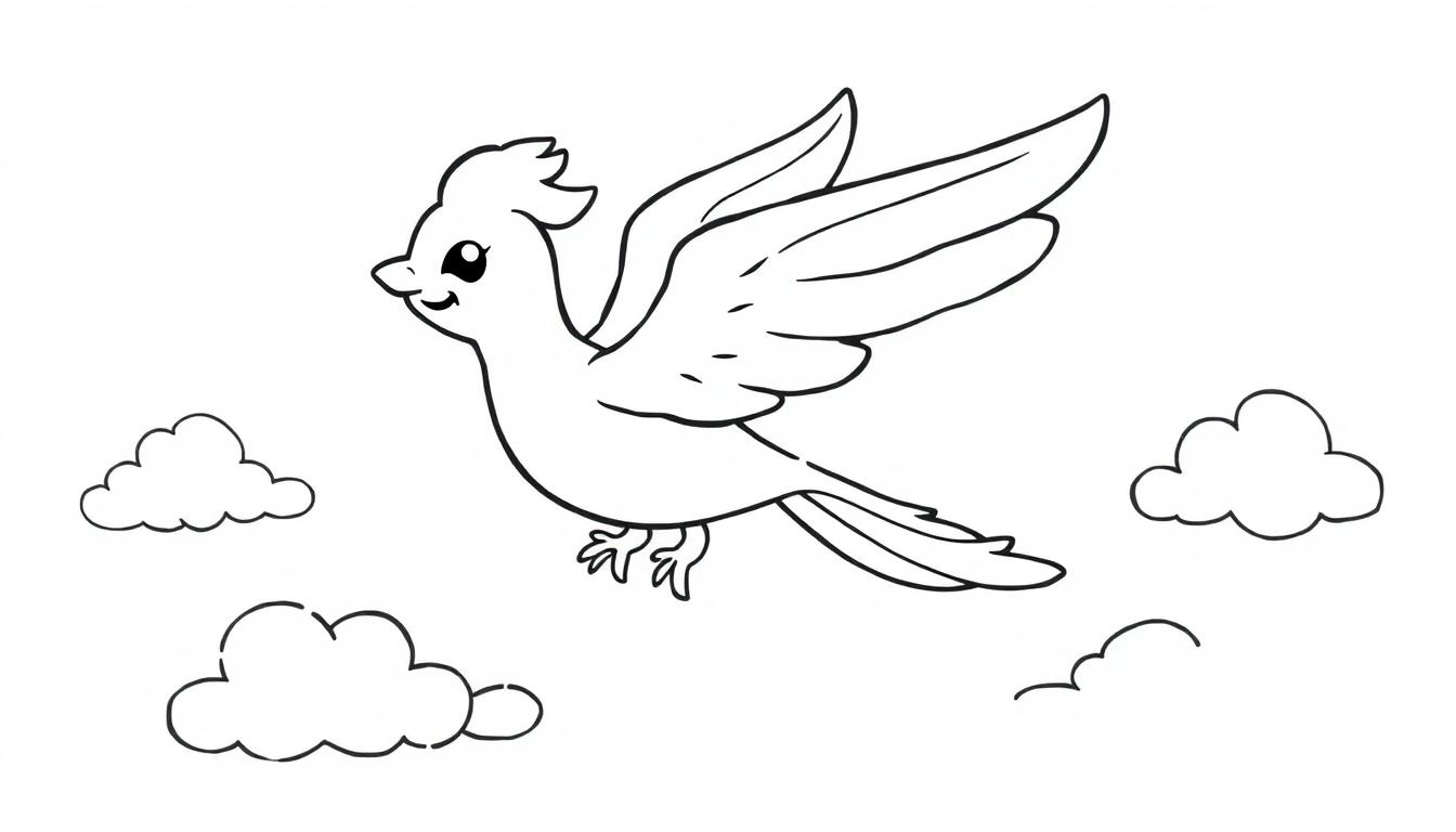 Schwarz-weiße Farbtafel-Zeichnung eines fröhlichen Vogels mit weit ausgebreiteten Flügeln fliegt durch einfache Wolken.