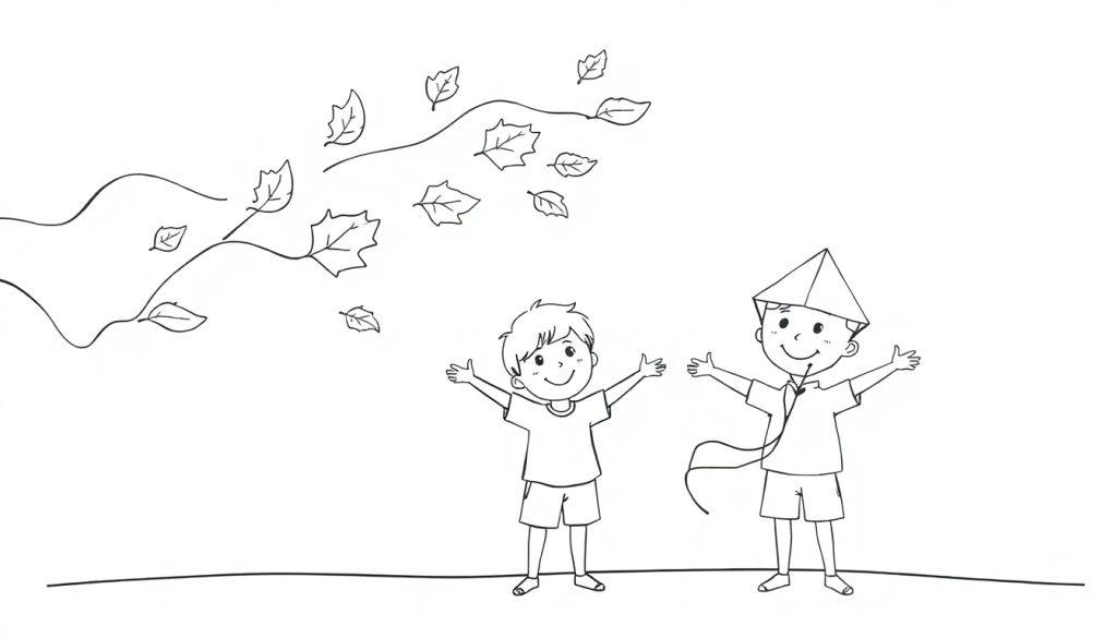 Schwarz-weiß Farbtafel: Zwei Kinder lächeln mit ausgebreiteten Armen unter einem belaubten Baum, dessen Blätter im Wind fallen.