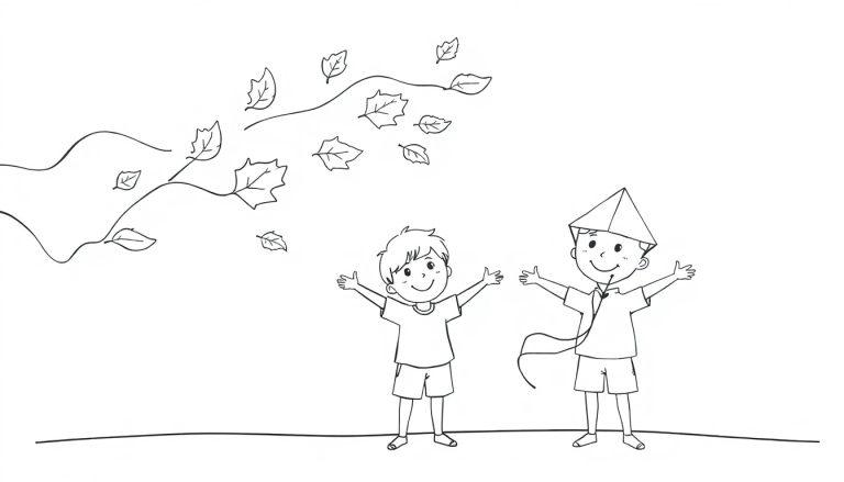 Schwarz-weiß Farbtafel: Zwei Kinder lächeln mit ausgebreiteten Armen unter einem belaubten Baum, dessen Blätter im Wind fallen.