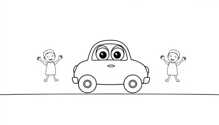 Schwarz-weiß Farbtafel-Zeichnung eines lächelnden Zeichentrickautos mit großen Augen, das von zwei winkenden Kindern flankiert wird.