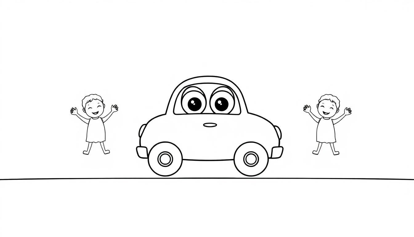 Schwarz-weiß Farbtafel-Zeichnung eines lächelnden Zeichentrickautos mit großen Augen, das von zwei winkenden Kindern flankiert wird.
