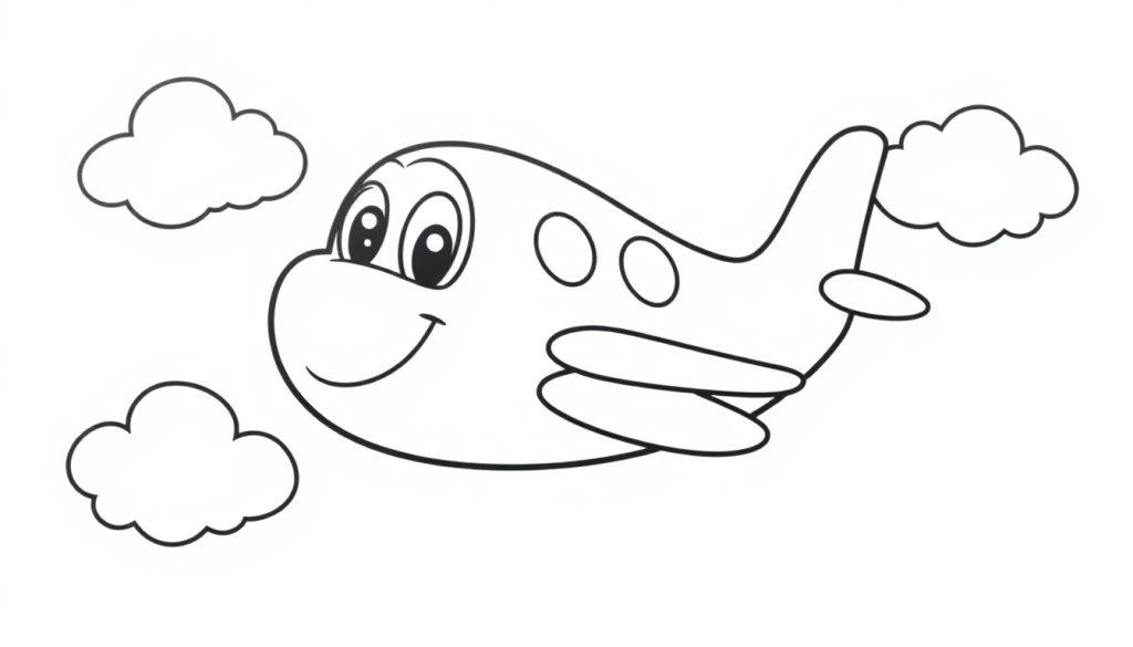 Eine Schwarz-Weiß-Farbtafel eines freundlichen Cartoon-Flugzeugs mit lächelndem Gesicht, das durch Wolken fliegt.