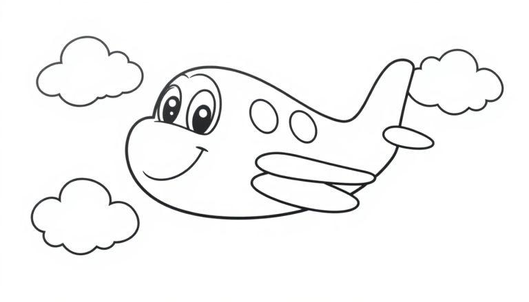 Eine Schwarz-Weiß-Farbtafel eines freundlichen Cartoon-Flugzeugs mit lächelndem Gesicht, das durch Wolken fliegt.