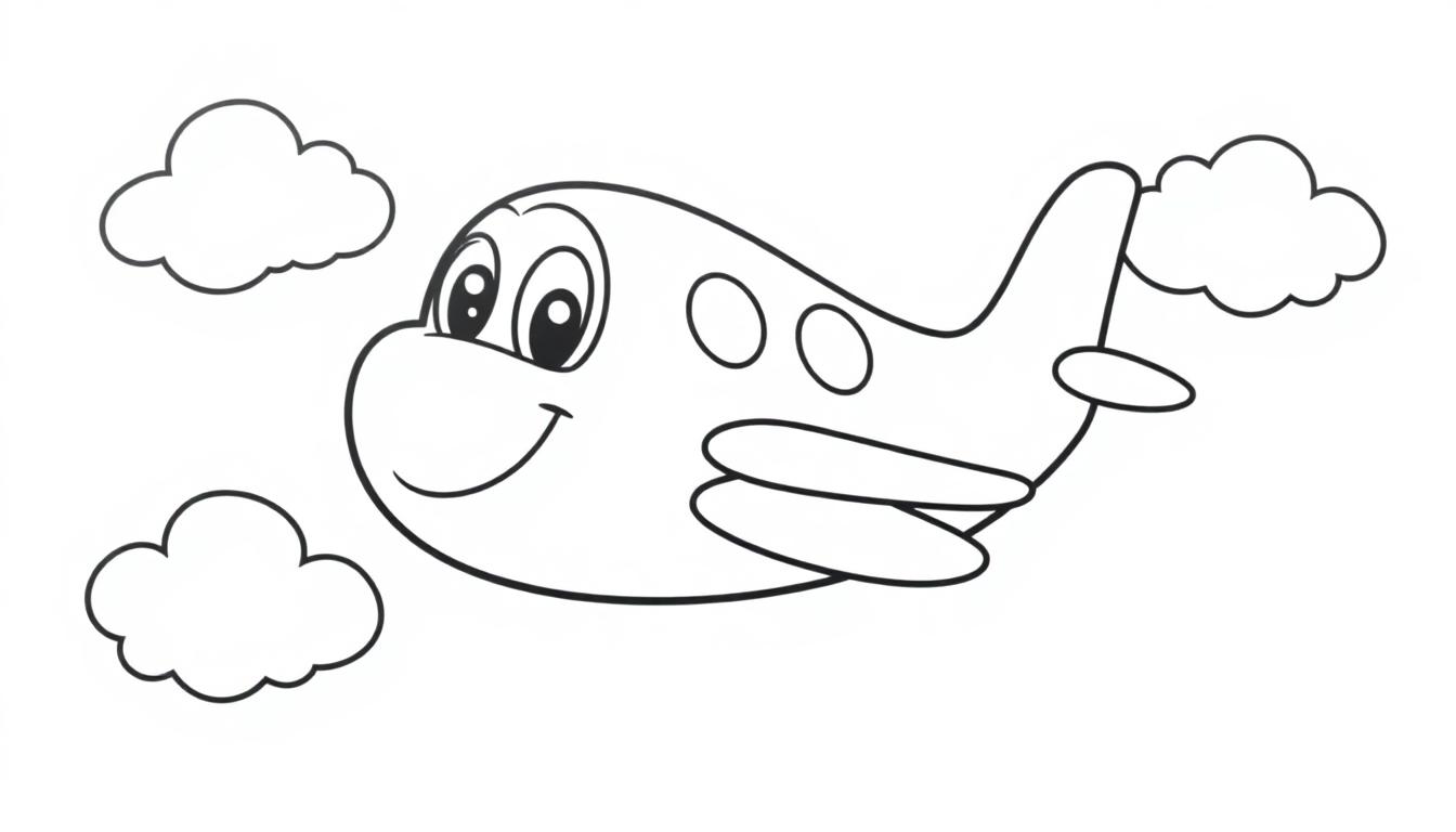 Eine Schwarz-Weiß-Farbtafel eines freundlichen Cartoon-Flugzeugs mit lächelndem Gesicht, das durch Wolken fliegt.