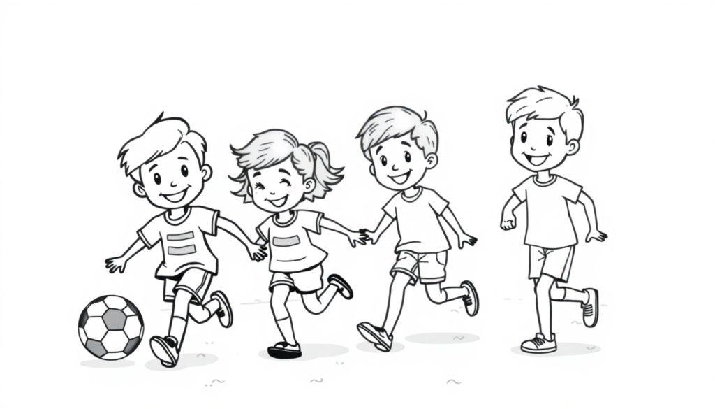 Eine Schwarz-Weiß-Farbtafel von vier Kindern, die im Freien spielen, eines tritt gegen einen Fußball und drei halten Händchen und rennen.