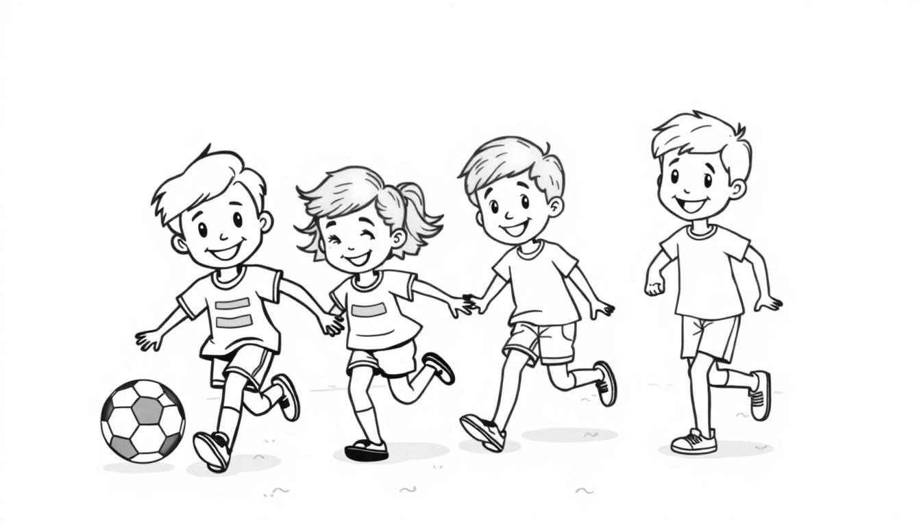 Eine Schwarz-Weiß-Farbtafel von vier Kindern, die im Freien spielen, eines tritt gegen einen Fußball und drei halten Händchen und rennen.