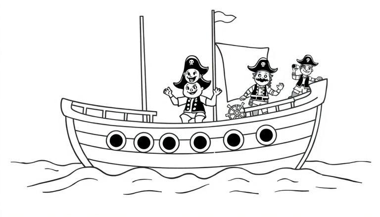Schwarz-weiß Malvorlage eines Piratenschiffs mit fröhlichen Piraten, die winken.