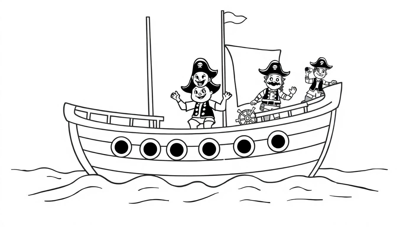 Schwarz-weiß Malvorlage eines Piratenschiffs mit fröhlichen Piraten, die winken.