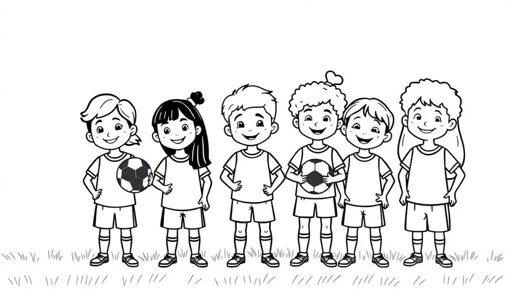 Eine Farbtafel mit sechs lachenden Kindern in Fußballkleidung auf einer grünen Wiese.