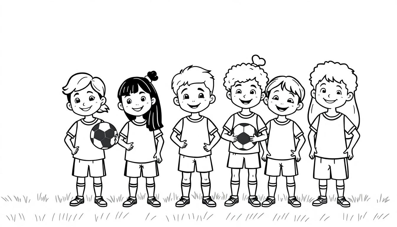 Eine Farbtafel mit sechs lachenden Kindern in Fußballkleidung auf einer grünen Wiese.