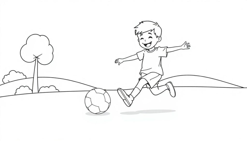 Schwarz-weiß Farbtafel-Zeichnung eines Jungen, der einen Fußball tritt.