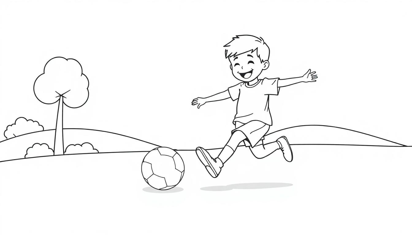 Schwarz-weiß Farbtafel-Zeichnung eines Jungen, der einen Fußball tritt.
