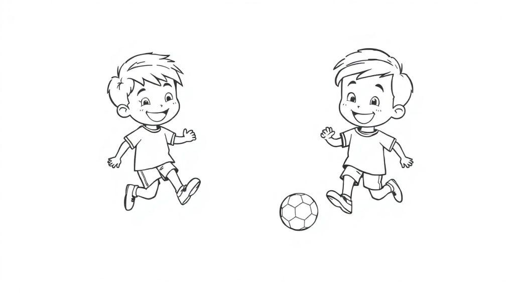 Schwarz-weiße Farbtafel mit zwei lächelnden Jungen, die Fußball spielen.