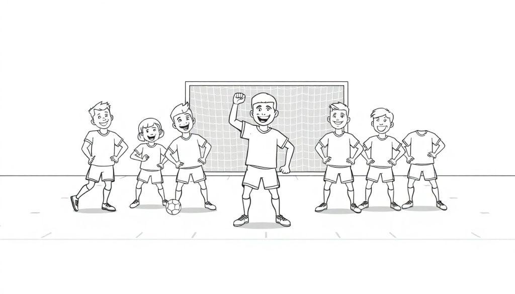 Schwarz-Weiß-Farbtafel einer jubelnden Fußballmannschaft mit sieben Kindern.