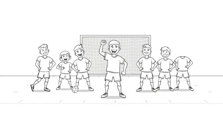 Schwarz-Weiß-Farbtafel einer jubelnden Fußballmannschaft mit sieben Kindern.