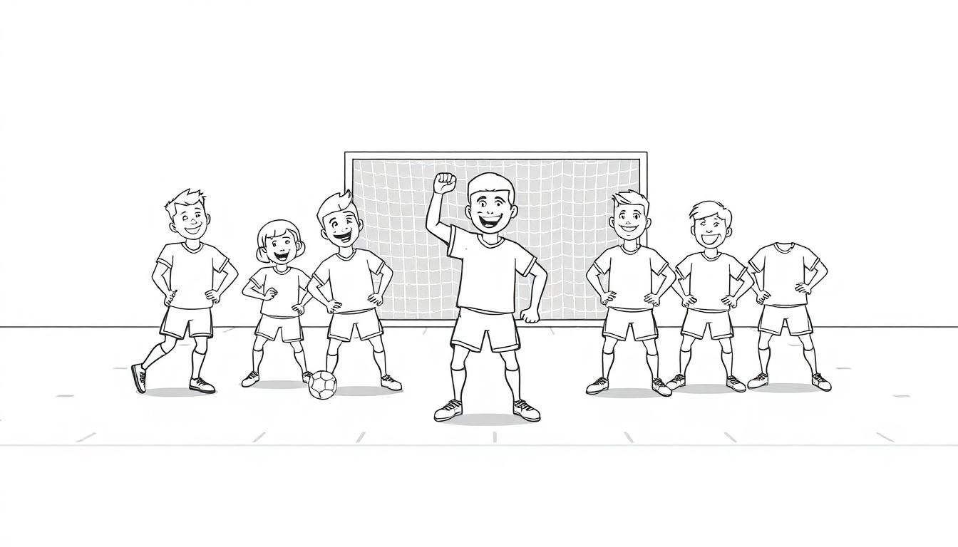 Schwarz-Weiß-Farbtafel einer jubelnden Fußballmannschaft mit sieben Kindern.