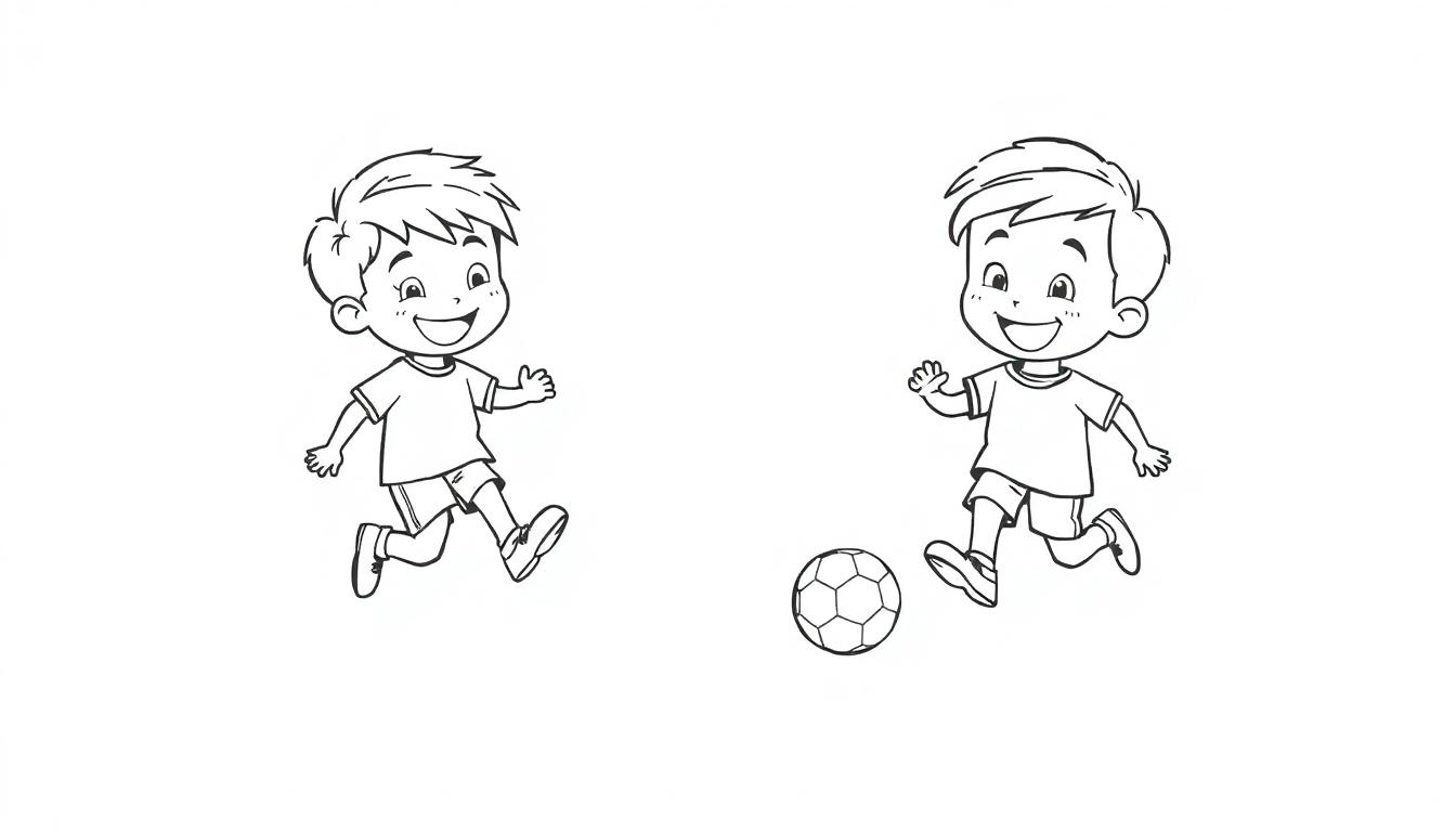 Schwarz-weiße Farbtafel mit zwei lächelnden Jungen, die Fußball spielen.