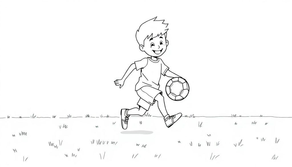 Schwarz-weiße Farbtafel eines Jungen, der fröhlich Fußball spielt.