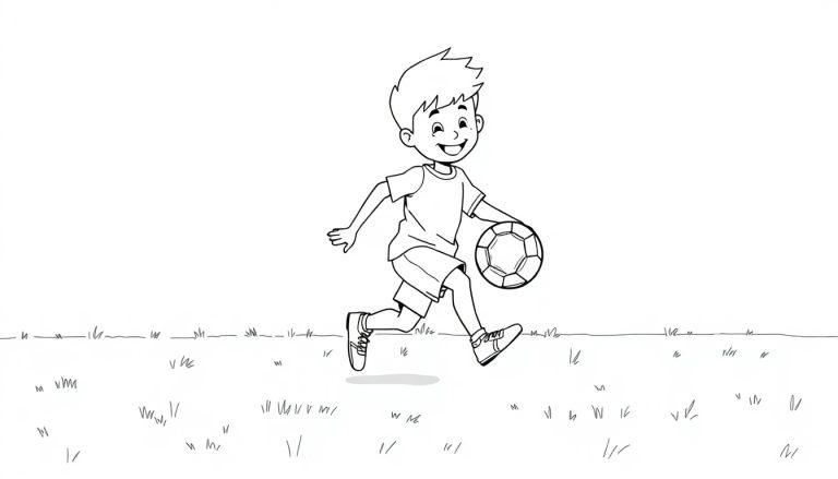 Schwarz-weiße Farbtafel eines Jungen, der fröhlich Fußball spielt.