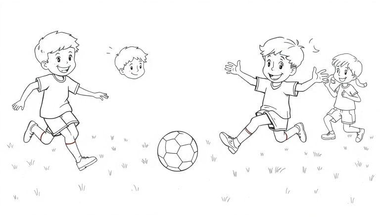 Schwarz-Weiß-Farbtafel: Drei Kinder spielen Fußball auf einer grünen Wiese.
