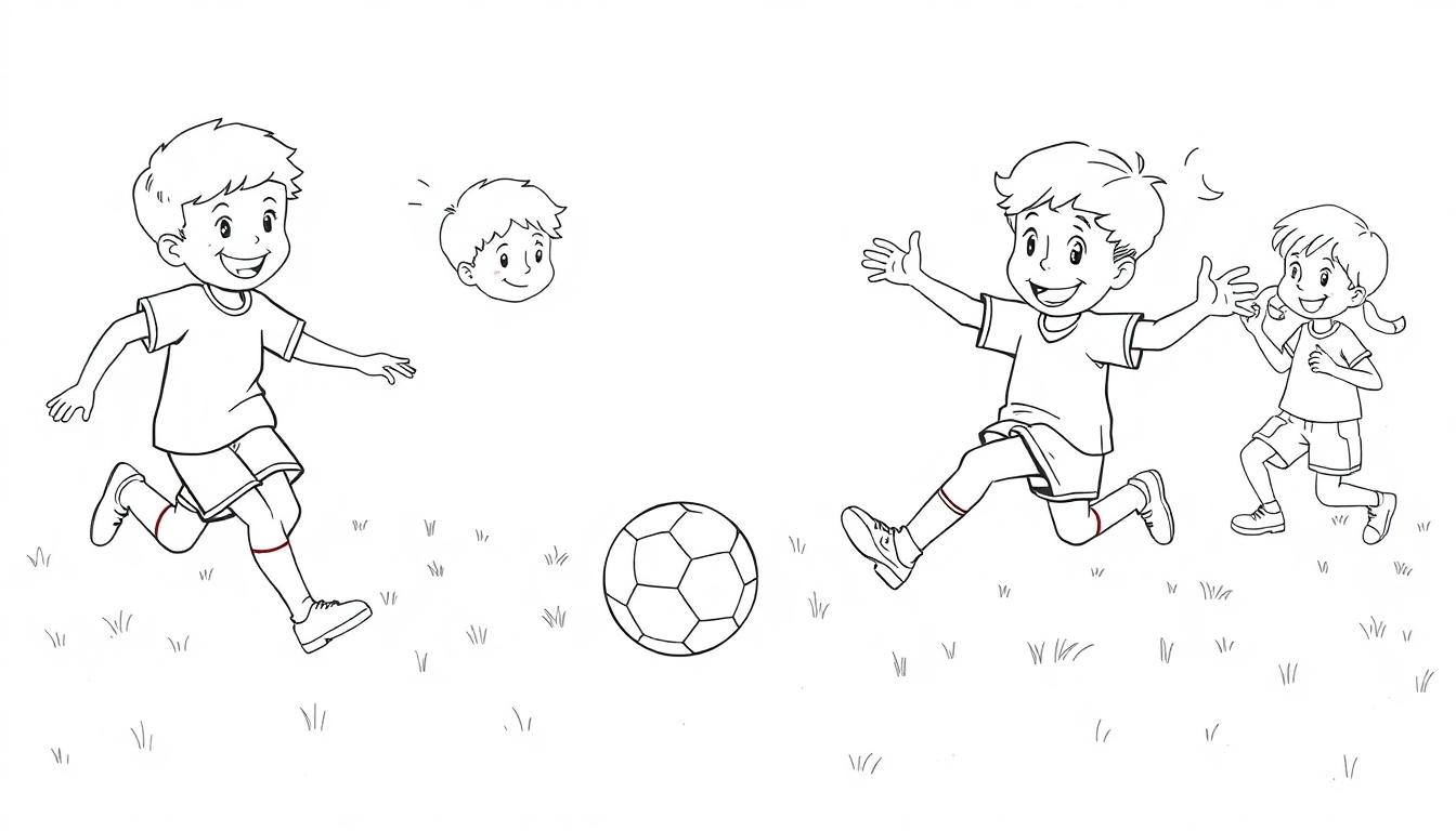 Schwarz-Weiß-Farbtafel: Drei Kinder spielen Fußball auf einer grünen Wiese.