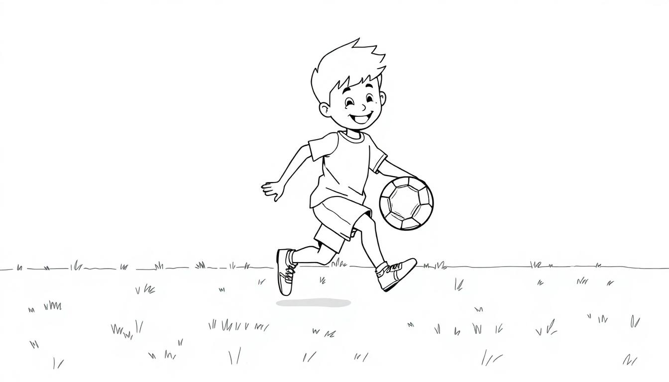 Schwarz-weiße Farbtafel eines Jungen, der fröhlich Fußball spielt.