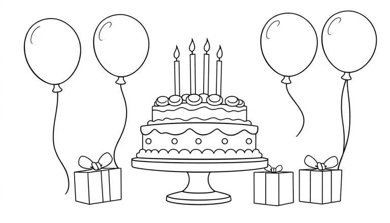 Schwarz-Weiß-Farbtafel einer Geburtstagsfeier mit Kuchen, Geschenken und Ballons.