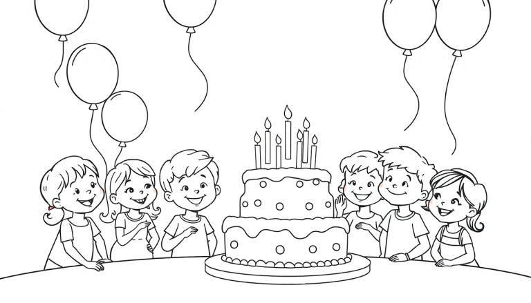 Schwarz-weiße Farbtafel-Illustration einer Geburtstagsfeier mit Kindern, Kuchen und Luftballons.