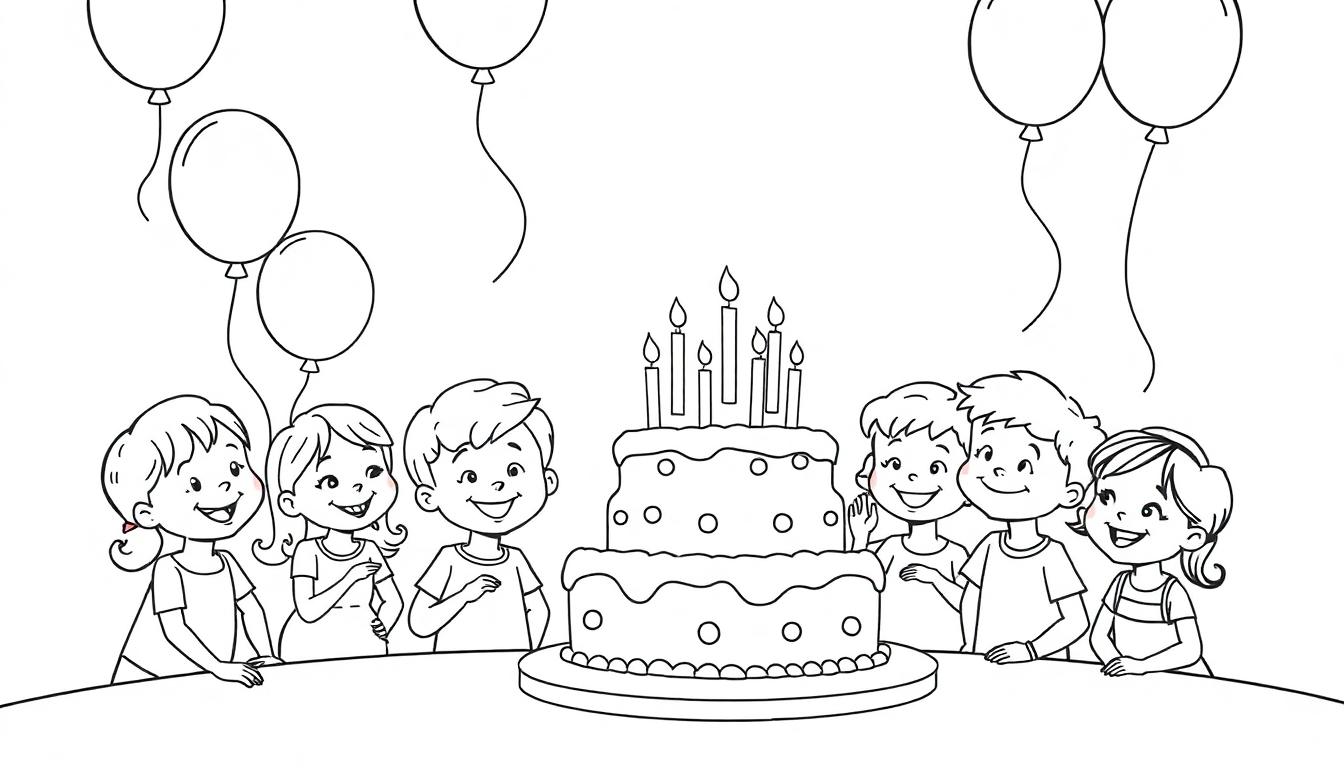 Schwarz-weiße Farbtafel-Illustration einer Geburtstagsfeier mit Kindern, Kuchen und Luftballons.