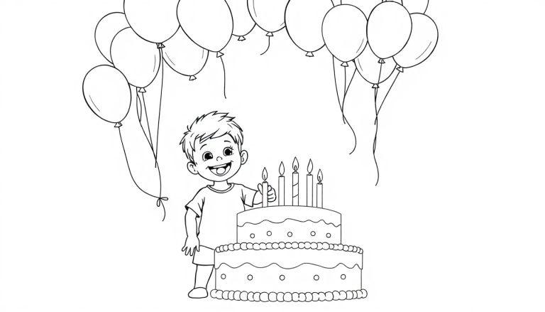 Eine Schwarzweißzeichnung eines fröhlichen Jungen vor einem Geburtstagskuchen mit Kerzen und Ballons, bereit zum Ausmalen als Farbtafel.