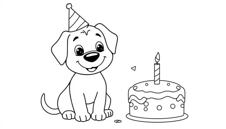 Ein niedlicher Comic-Hund mit Geburtstagshut neben einem Geburtstagskuchen mit Kerze