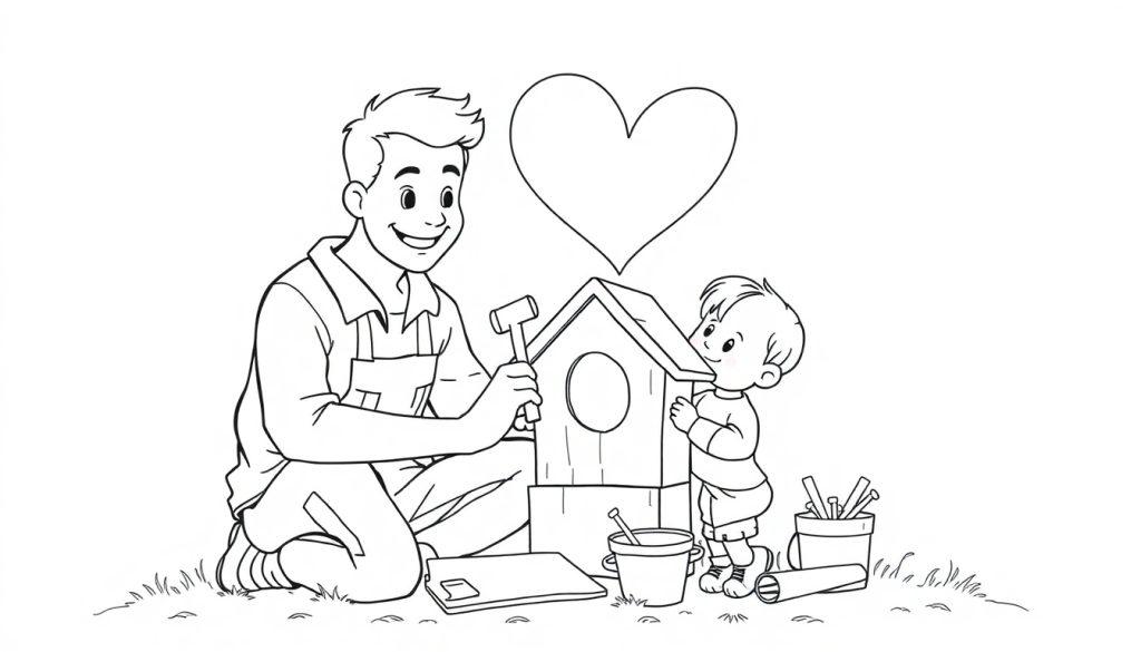 Schwarz-weiß Farbtafel: Vater und Sohn bauen Vogelhaus