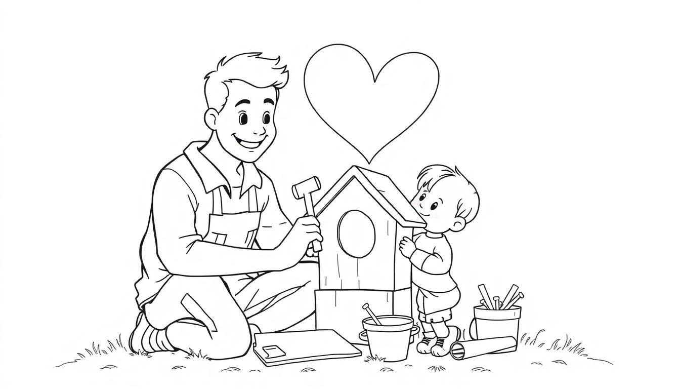 Schwarz-weiß Farbtafel: Vater und Sohn bauen Vogelhaus