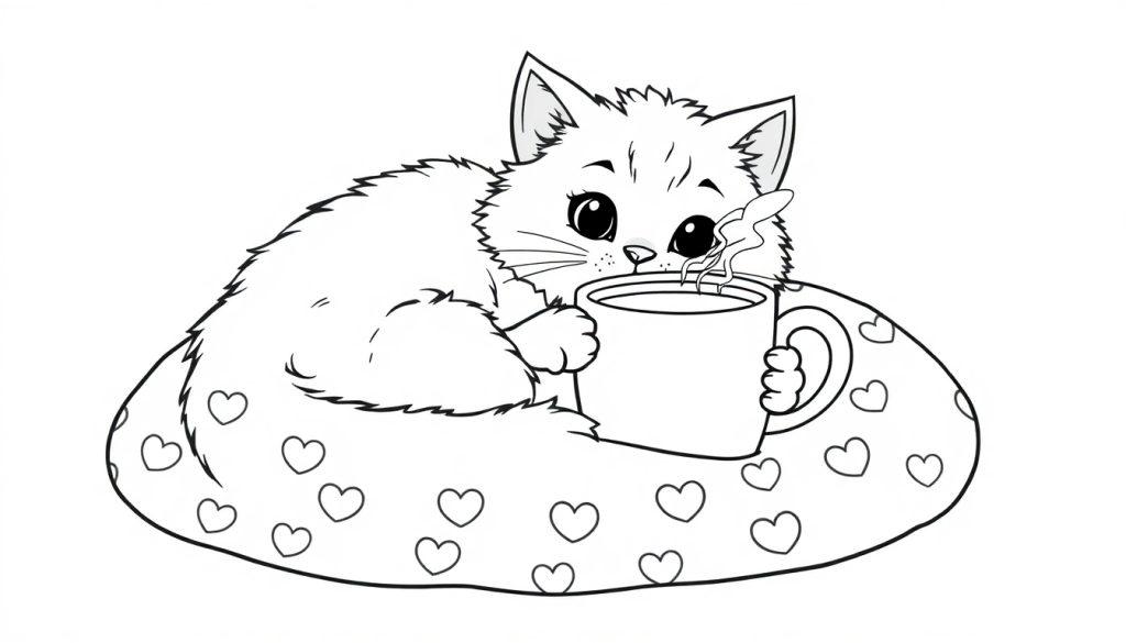 Eine süße schwarz-weiße Farbtafel-Katze mit einem Herzmuster-Kissen und einer Tasse Tee.