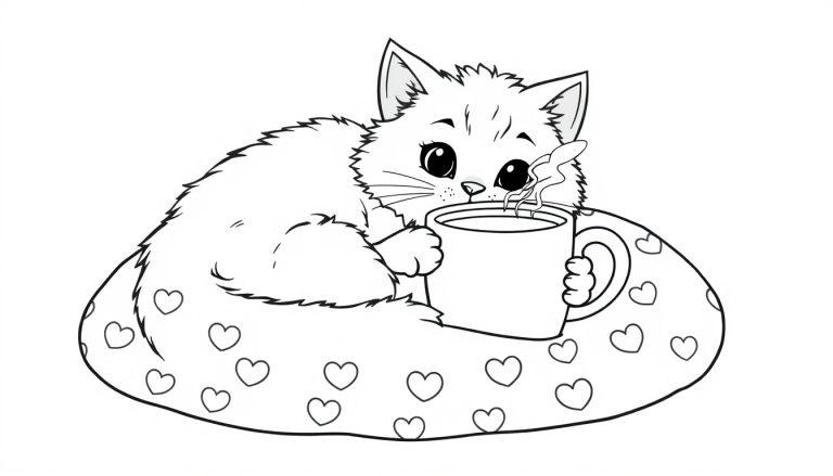 Eine süße schwarz-weiße Farbtafel-Katze mit einem Herzmuster-Kissen und einer Tasse Tee.