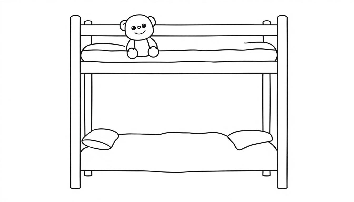 Eine Schwarzweißzeichnung eines doppelstöckigen Bettes mit einem Teddybären auf dem oberen Bett und zwei Kissen auf dem unteren Bett.