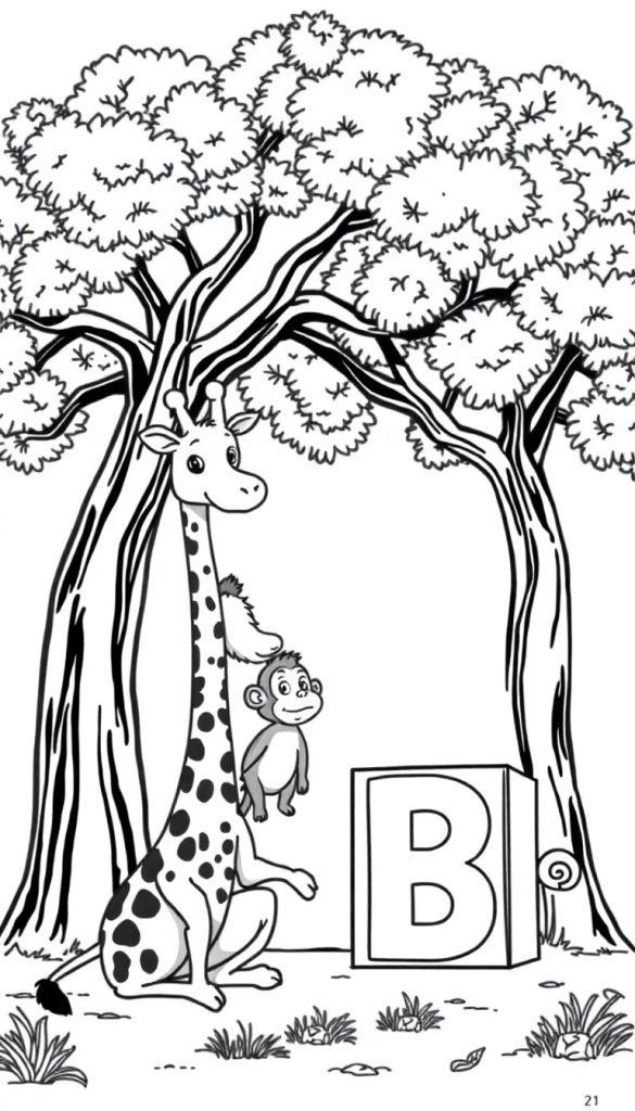 Eine schwarz-weiße Illustration einer Giraffe, die auf dem Boden sitzt, mit einem Affen auf ihrem Rücken. Ein großer Holzblock mit dem Buchstaben 'B' befindet sich neben ihnen unter einem Baum. Gras und kleine Pflanzen sind zu sehen, mit der Zahl '21' in der unteren rechten Ecke.