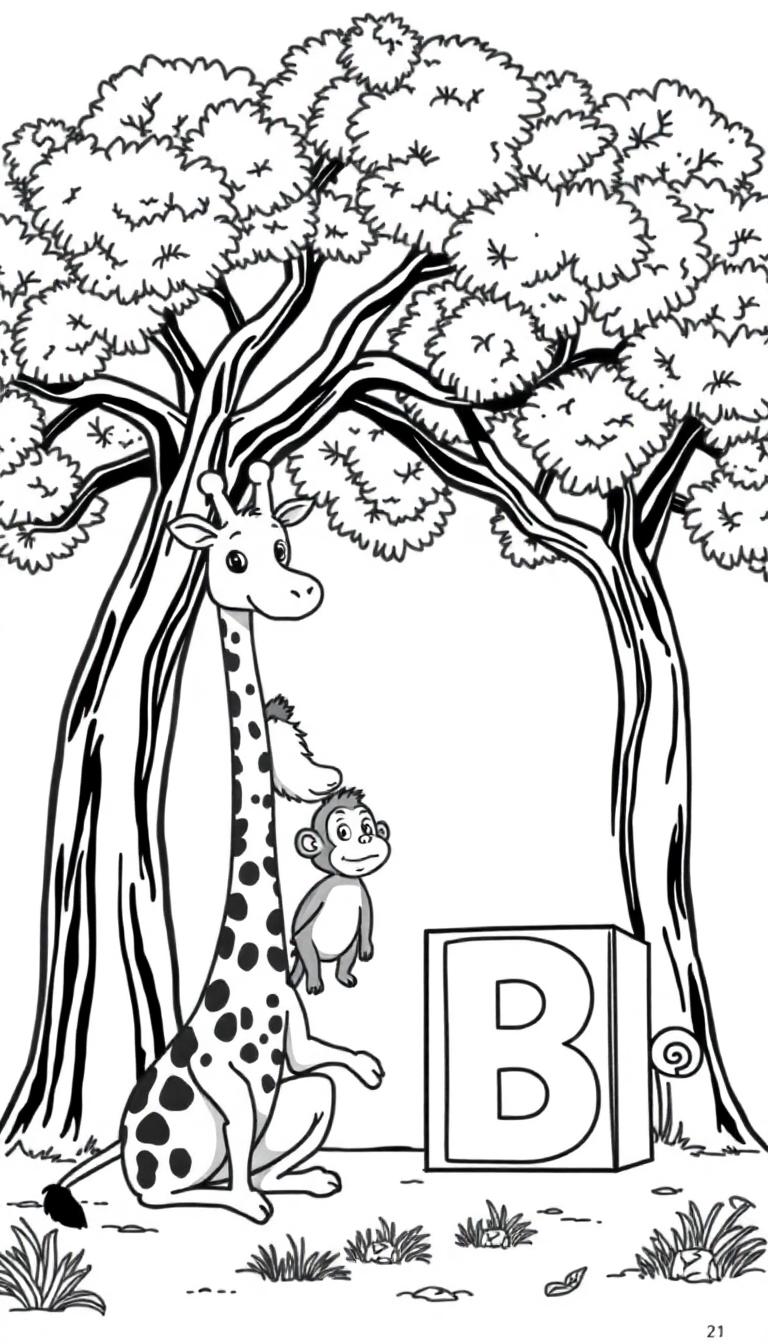 Eine schwarz-weiße Illustration einer Giraffe, die auf dem Boden sitzt, mit einem Affen auf ihrem Rücken. Ein großer Holzblock mit dem Buchstaben 'B' befindet sich neben ihnen unter einem Baum. Gras und kleine Pflanzen sind zu sehen, mit der Zahl '21' in der unteren rechten Ecke.